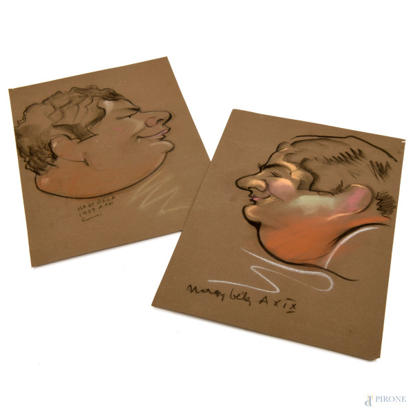 Coppia di caricature di uomo, pastelli su carta, cm 31x22,5, XX secolo (difetti)