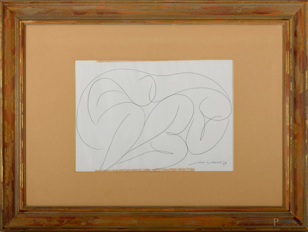 Figure accovacciate, china su carta, XX secolo, cm 29x40, entro cornice, (difetti)