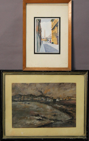 Lotto di due dipinti a tecniche diverse raffiguranti paesaggio con case ed uno scorcio di città, misura max 31x22 in cornici