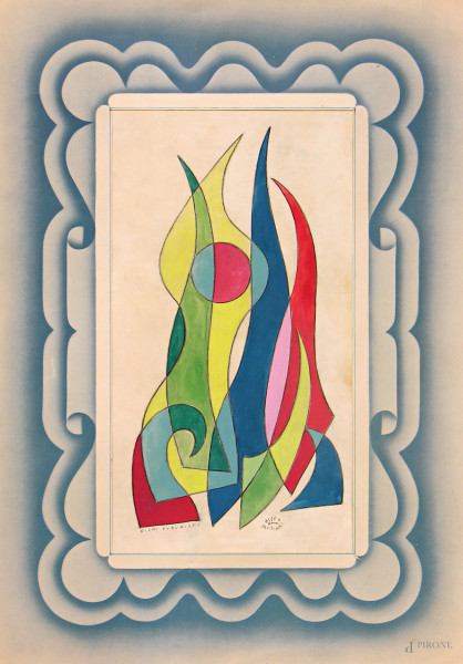 Artista futurista del Novecento, Fiori futuristi, tempera su carta con passepartout d’epoca facente parte integrante dell’opera, cm 50x34, firmato e titolato