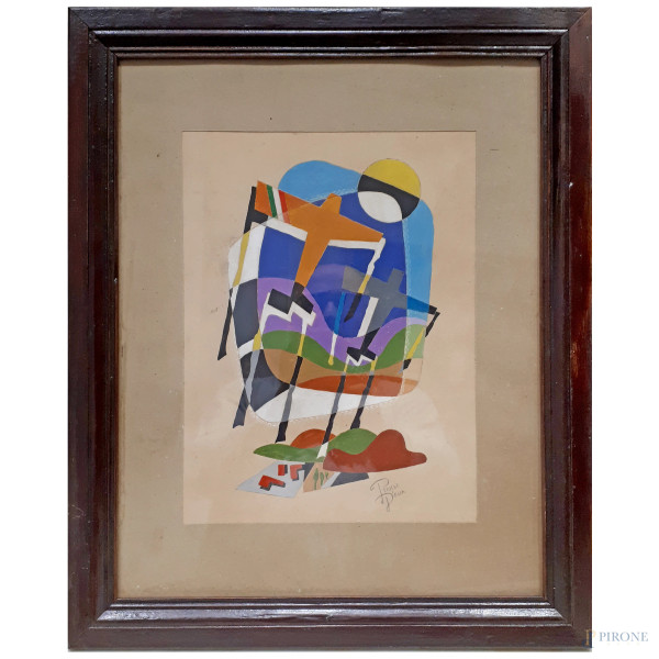 Pericle D’Elia (XX sec.) Aeropittura, tecnica mista su cartone, cm 32x24, firmato in basso a destra, con cornice