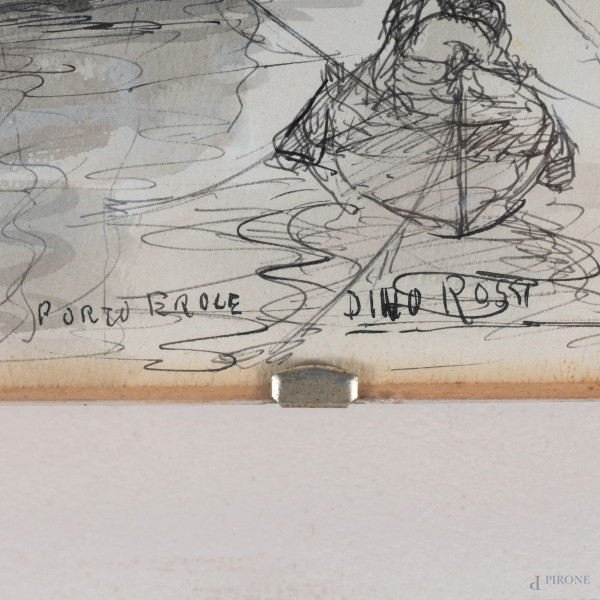 Lotto di due disegni a tecnica mista di Dino Rossi (1904 - 1982) raffiguranti porto Ercole, cm 33...