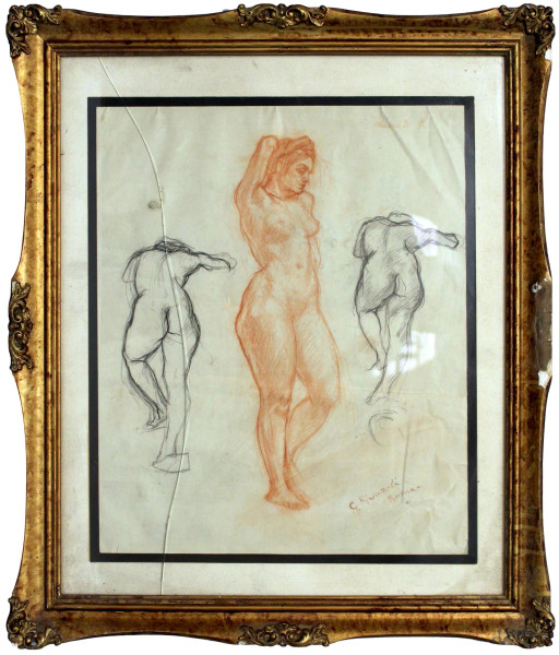 Studio di nudo di donna, carboncino e sanguigna, 41x48 cm, entro cornice