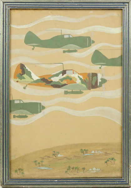 Aerei militari, tempera su carta, cm 29x19, XX secolo, entro cornice.