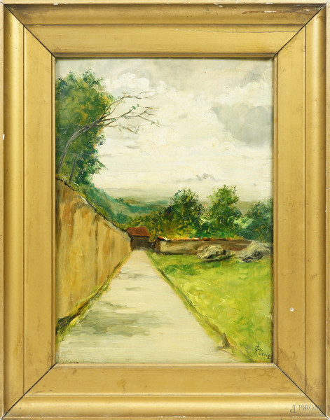 Paesaggio con viale, olio su tavola, inizio XX secolo, firmato, cm 32x23, entro cornice