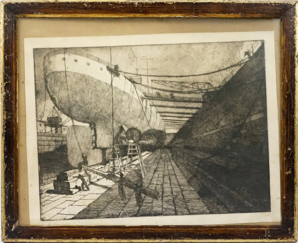 La nave Doria, incisione, cm35,5x47,5, XX secolo, entro cornice