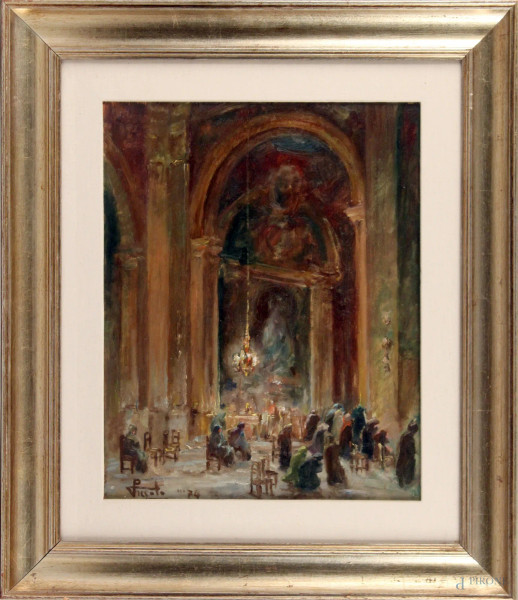 Ettore Piccolo, interno di chiesa con figure, olio su tavola, cm. 49x39, entro cornice.