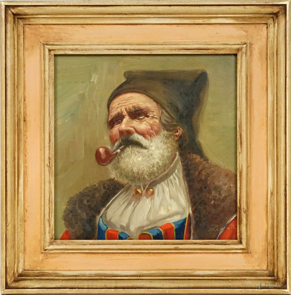 Ritratto di anziano sardo con pipa, olio su compensato, cm 26x26, firmato Perrotti, entro cornice.