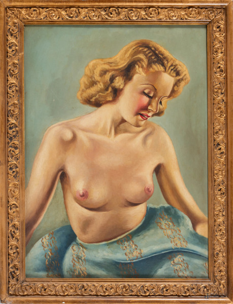 La modella, XX secolo, olio su faesite, cm 70x50, entro cornice, (lievi superficiali graffi)