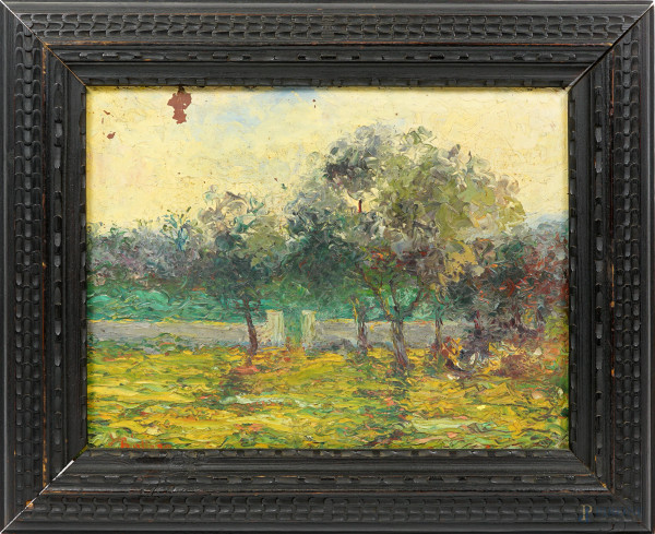 Antonio Ballero (Nuoro 1864 – Sassari 1932), Alberi, olio su cartone, firmato in basso a sinistra, titolato e datato sul retro maggio 1929, cm 25x33,5, entro cornice (cadute di colore)