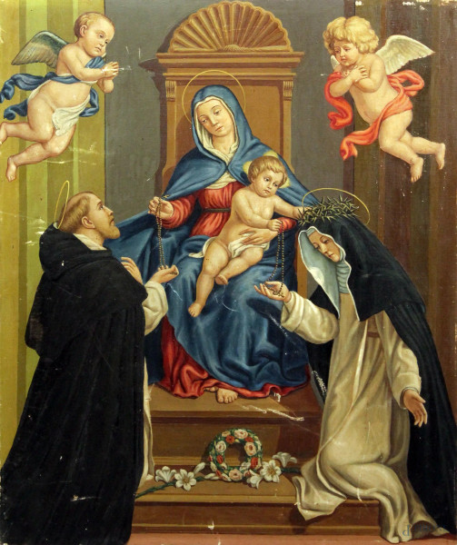 Madonna con Bambino e Santi, olio su tela, riportato su tavola, 78x65 cm, primi 900.