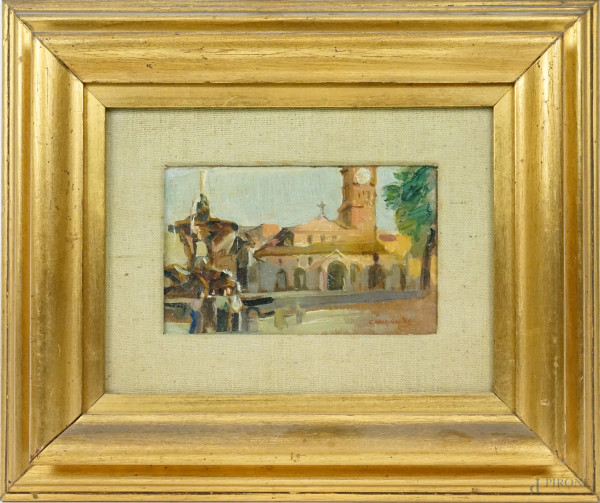 Scorcio di S.Maria in Cosmedin, olio su cartone telato, cm 8,5x14 circa, firmato e datato, entro cornice.