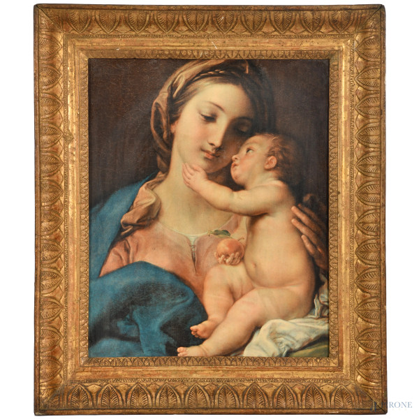 Stampa applicata su masonite raffigurante Madonna con Bambino, XX secolo, cm 48,5x39,5 entro cornice