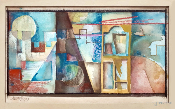 Aalim Petrov - Composizione cubo-futurista di scuola russa, tecnica mista su carta, cm 16x28, firmato, con cornice