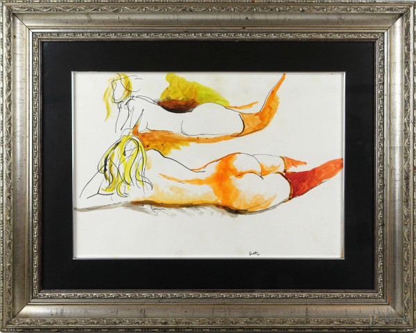 Renato Guttuso - Nudo, china e acquarello su carta applicata su tela, cm 35x50,  privo di autentica, entro cornice