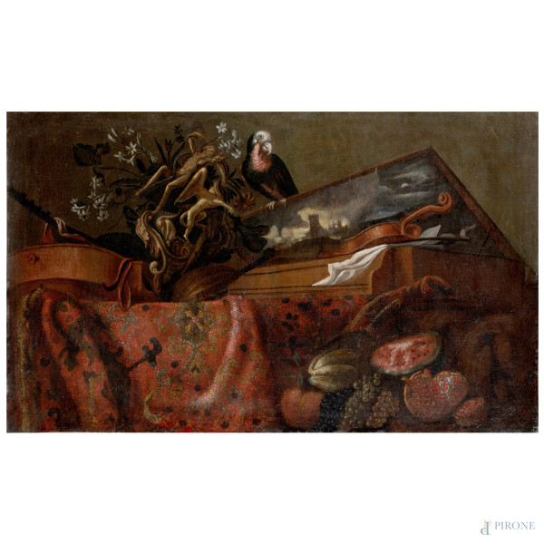 Natura morta con strumenti musicali, drappeggio e pappagallo, XVII-XVIII secolo, olio su tela, cm 84,5x139