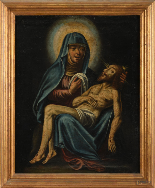 Compianto su Cristo morto, XX secolo, olio su tela, cm  80,5x47,5, (craquelure, piccole cadute di colore, segni di battitura del telaio)