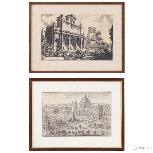 Lotto composto da due incisioni raffiguranti Castello dell'Acqua Paola e Piazza Navona, XX secolo, misure massime cm 37x50 compreso passepartout, (ondulazione e ossidazione della carta)