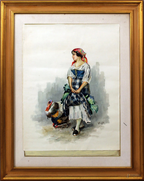 Arnaldo De Lisio - Figura con tacchino, acquarello su carta, cm. 65x50.