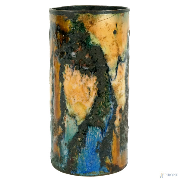 Vaso cilindrico in rame smaltato, cm h 20,5x10, XX secolo