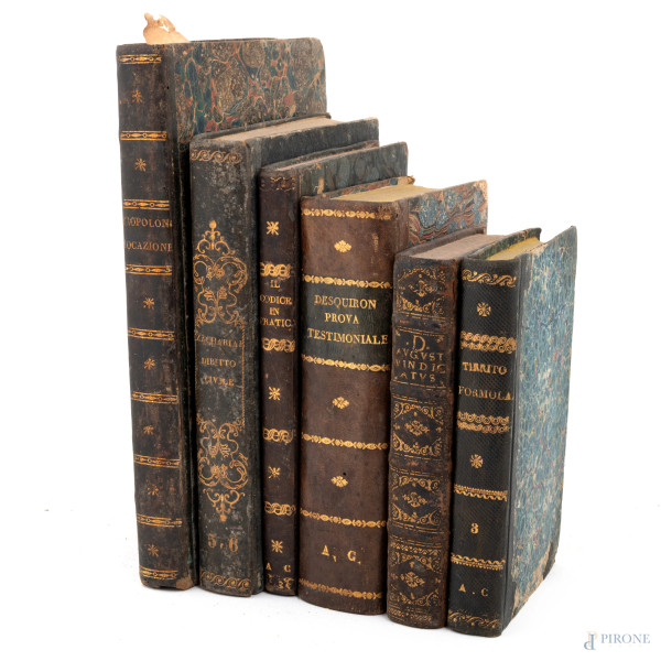 Lotto di 6 libri di argomento giuridico, XIX secolo, (segni di usura, rotture, strappi, mancanze, difetti)