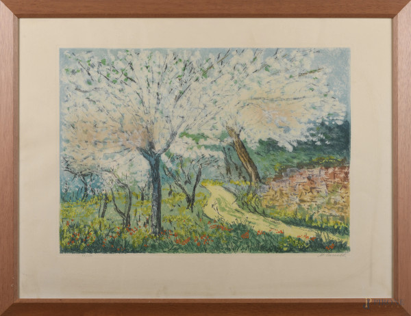 Michele Cascella (1892-1989), Paesaggio, litografia su carta, es. 24/130, cm 60x80, firmato in basso a destra, entro cornice