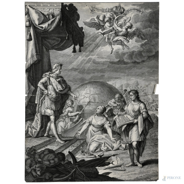Scena allegorica, XVIII secolo, incisione su carta, cm 39,5x29,5, (segni di usura, tracce di umidità, gore, foxing, lacerazioni della carta, tracce di piegatura)
