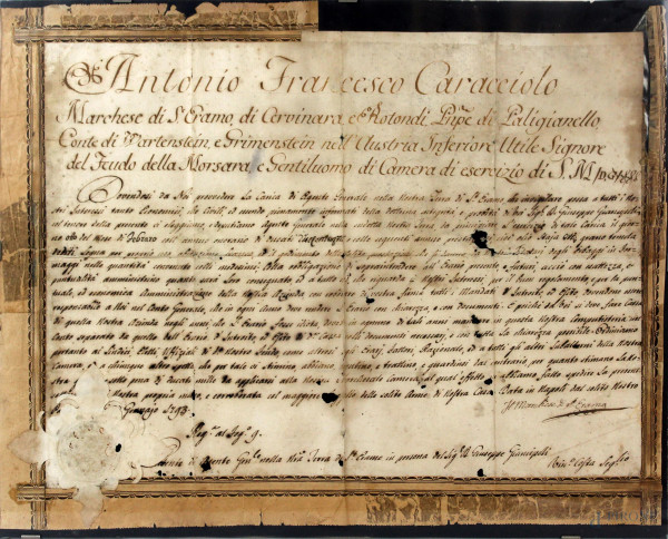 Documento manoscritto del XIX secolo, cm 33x44, entro cornice, (difetti).