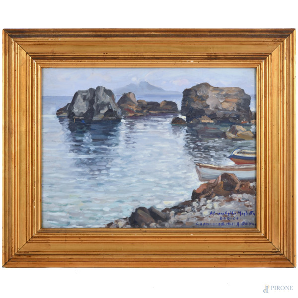 Antonio Odierna, Capri, XX secolo, olio su compensato cm 21x41, firmato, titolato, datato e dedicato "Capri 1941" in basso a destra, entro cornice