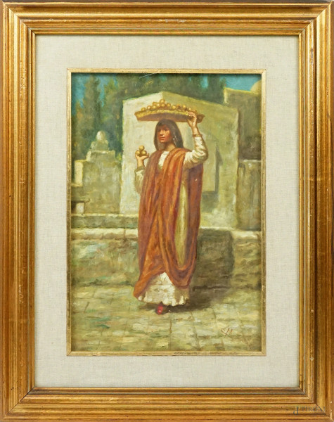 Figura orientale, olio su masonite, cm 40,5x29, firmato, in cornice