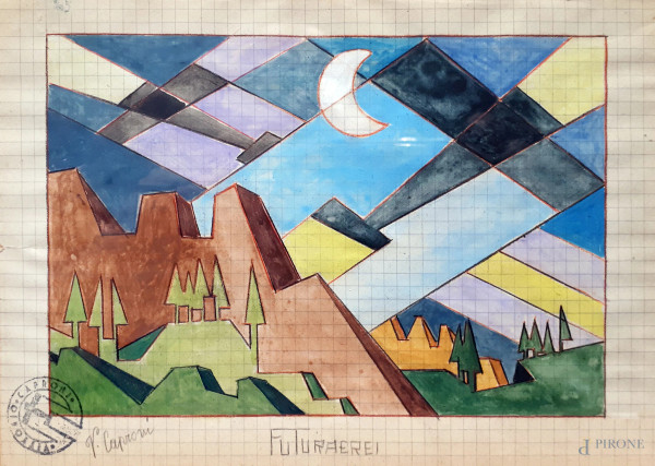 Vittorio Caproni (XX sec.), Futuraerei, lotto composto da due aeropitture a tecnica mista su cart...