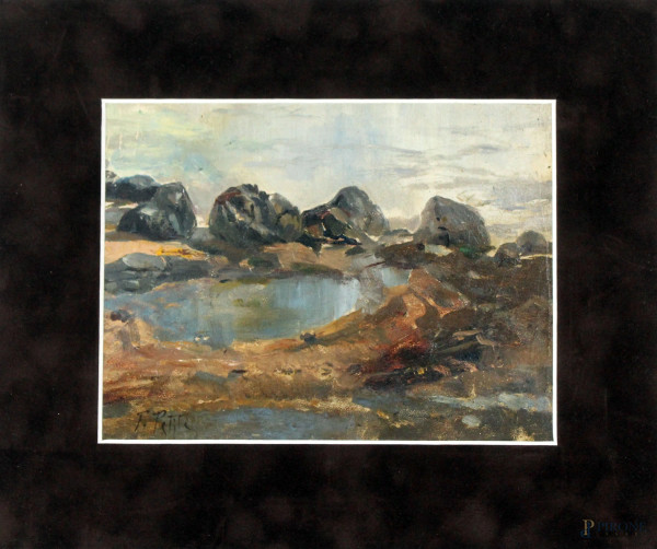 Paesaggio con laghetto, olio su cartone, cm 16x21,5, firmato F. Petiti