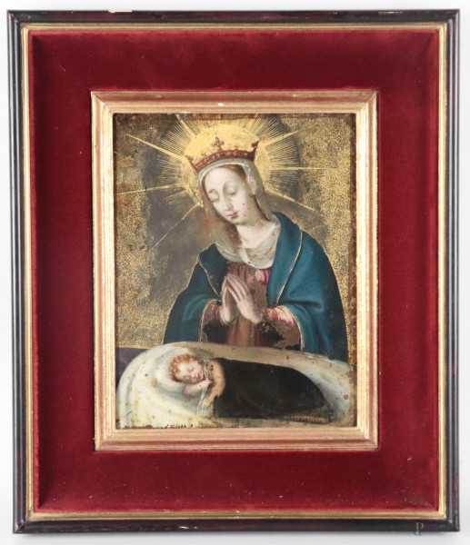 Madonna con Bambino, olio su rame, XVIII secolo, cm 25x19, entro cornice (segni di usura, abrasioni, cadute di colore, difetti)