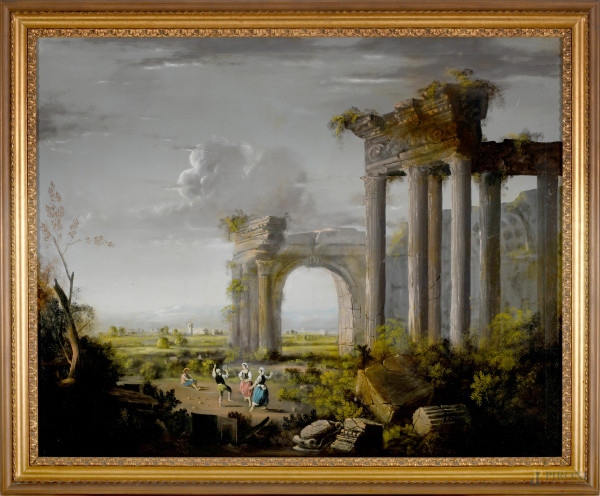 Figure danzanti tra le rovine, olio su tela, XX secolo, cm 80,5x100 entro cornice