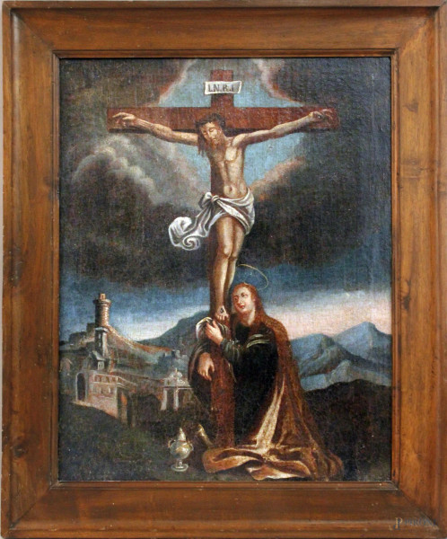 Pittore del XVII secolo, Crocefissione, olio su tela, cm. 54,5x44,5, entro cornice.