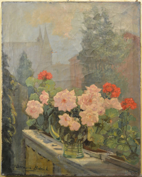 Terrazza con vaso di fiori su sfondo case, dipinto dell’ 800 di scuola olandese ad olio su tela 63x80 cm, firmato.
