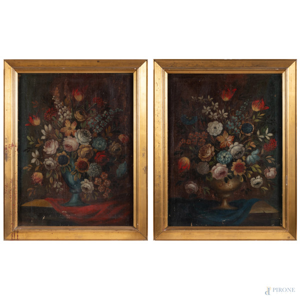 Coppia di nature morte, XIX secolo, olio su tela, cm 81x61, entro cornice, (abrasioni, cadute di colore, difetti, tela da ritensionare)