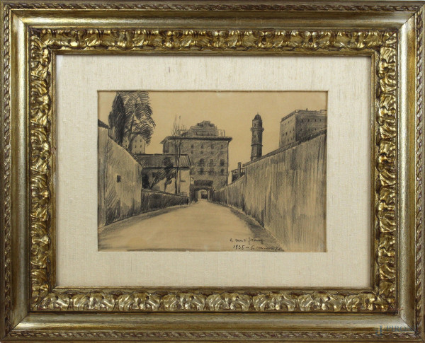 Giovanni Omiccioli - La casa di Fortuny, matita su carta, cm 30x40, titolo,firma e anno in basso a destra, entro cornice.