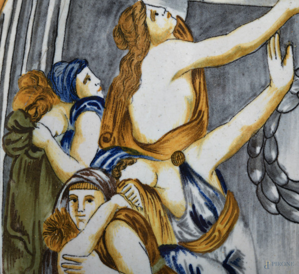 Piatto in maiolica dipinta con scena mitologica, XX secolo, diametro cm 53, (segni di usura, dife...