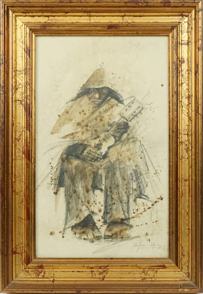 Figura con chitarra, tecnica mista su carta, cm 37x22, firmato e datato, entro cornice, (macchie).