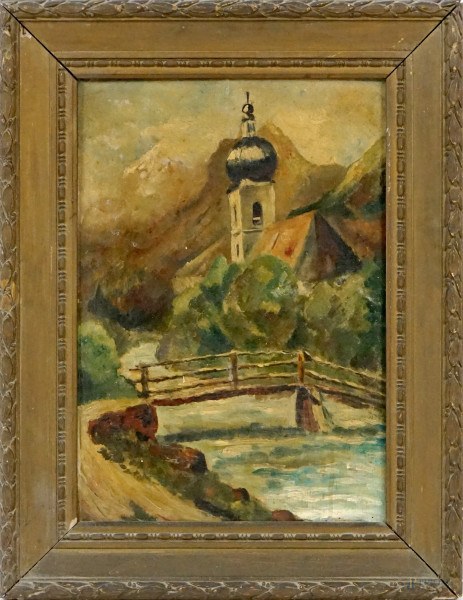 Chiesa montana, olio su tavola, cm 51,5x36, XX secolo, entro cornice.