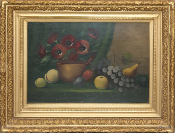 Natura morta,vaso di fiori e frutta