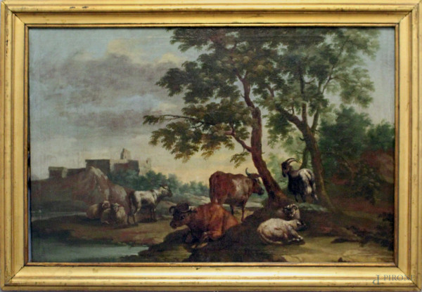 Paesaggio fluviale con armenti, olio su tela, cm. 58x88, scuola francese del XVIII sec,entro cornice.