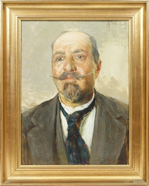 Ritratto d'uomo con baffi, olio su tela, cm 47,5x36, firmato, entro cornice