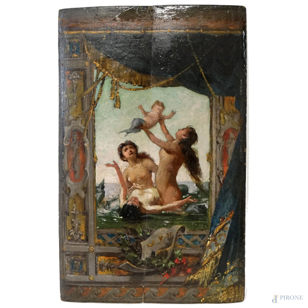 Pittore del XIX secolo, Nereidi, olio su tavoletta, cm28x17,7, (restauro)