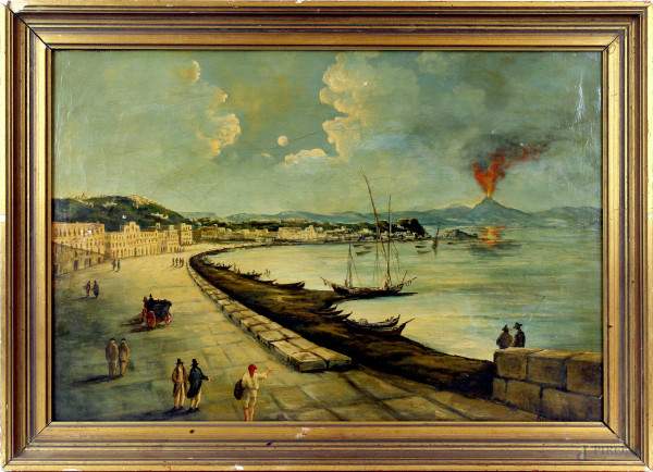 Veduta del Golfo di Napoli, olio su tela, cm 40,5x60, firmato, inizi XX secolo, entro cornice