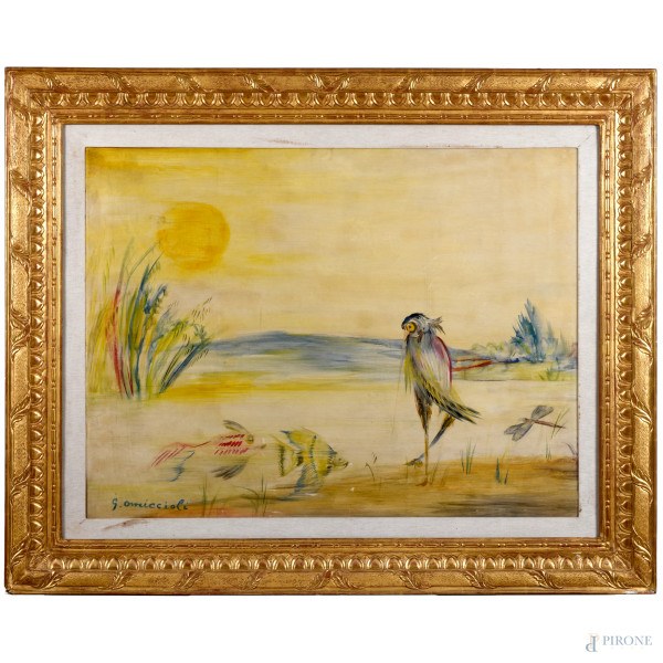 Giovanni Omiccioli (1901 - 1975), Airone e pesci nella laguna , tecnica mista su compensato, firmato in basso a sinistra, firmato e datato al retro "1954", cm 88x115,5 entro cornice