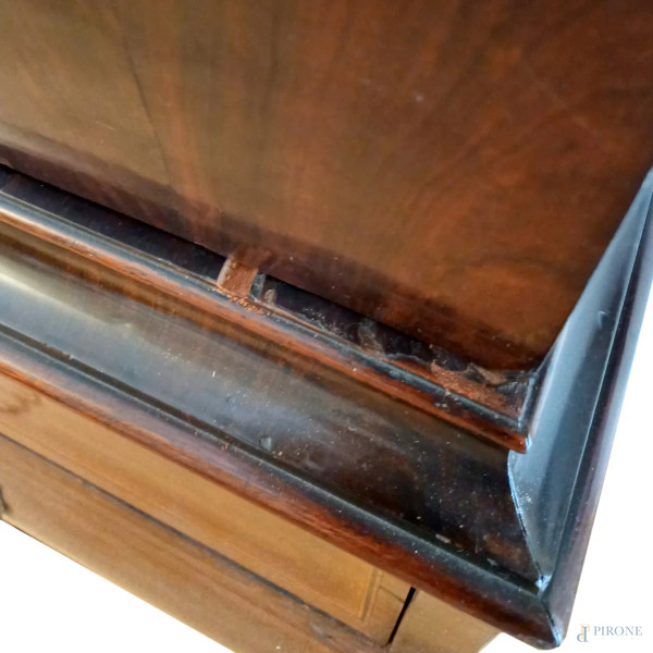 Trumeau in legno intarsiato del XIX secolo, cornice di linea spezzata, fronte a due ante, un cass...