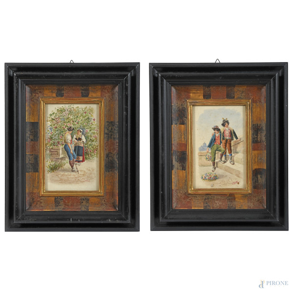 Coppia di acquerelli con figure popolari, XX secolo, cm 19,5x12, firmato in basso a destra, entro...