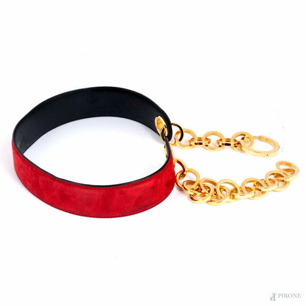Cinta Salvatore Ferragamo in pelle nera, velluto rosso e metallo dorato, lunghezza cm 85 (lievi s...